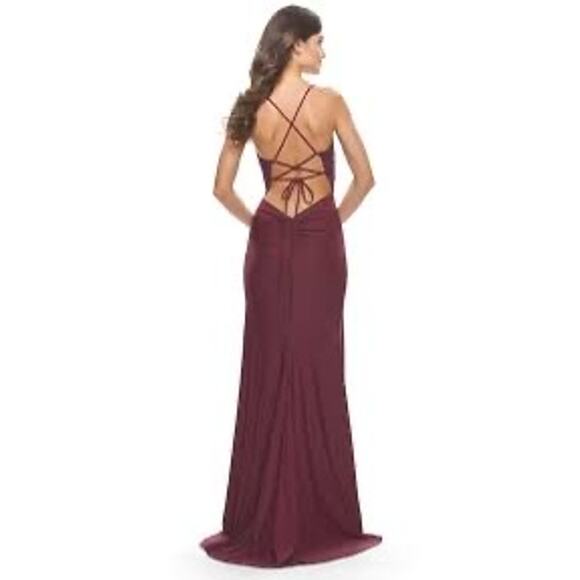 LA FEMME 28574 DRESS  SATIN GOWN-PLEAT WAIST (burgundy)dark berry size 0 - Picture 3 of 10
